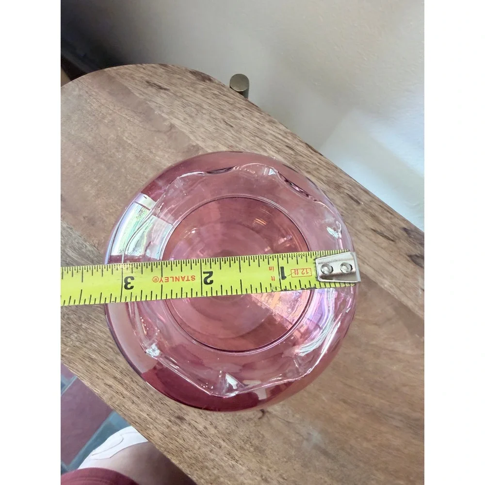 Vintage Cranberry Glass Etched Floral Pedestal Vase Ruffled Rim 7.75 Inch